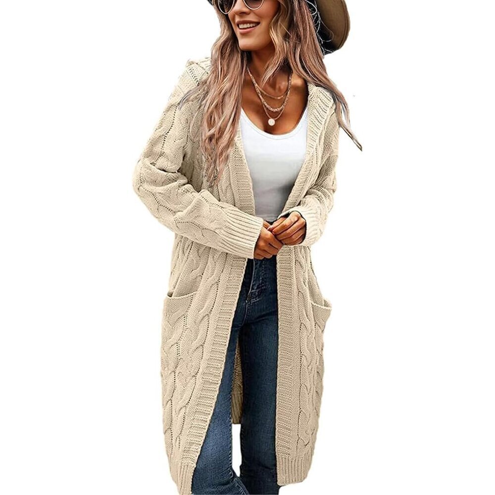 Women's Hooded Open Front Long Cardigan Cable Knit Sweaters Side Pocket Oversize